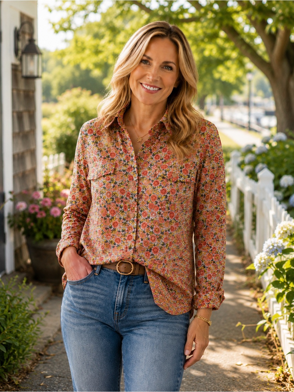 💛 LAURA SCOTT Floral Button-Up Long-Sleeve Shirt